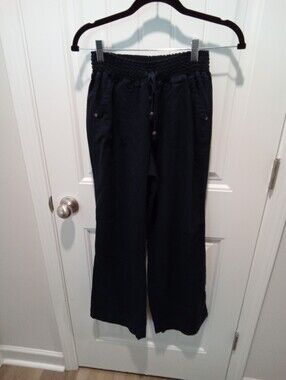 Sound Style Size L Linen Navy Blue Wide Leg Smocked Elaistic Waistband Pants